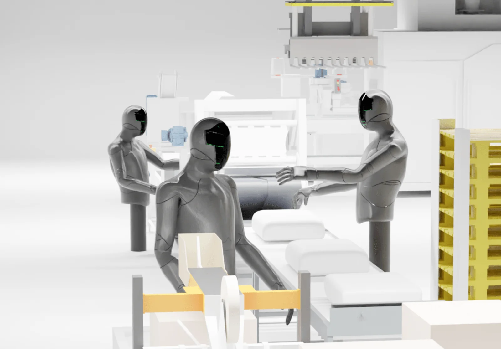 A computer rendition of Physical Robotics robots working in a factory setting