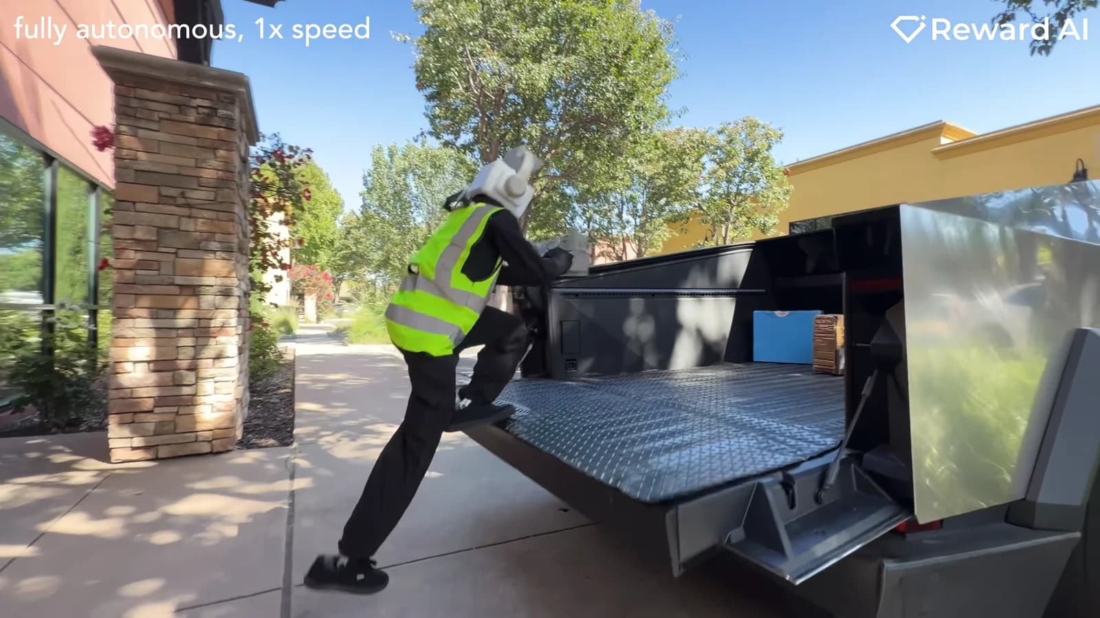 A humanoid wearing a high-visibility vest climbs onto a Tesla Cybertruck tailgate, with parcels visible in the truck bed.