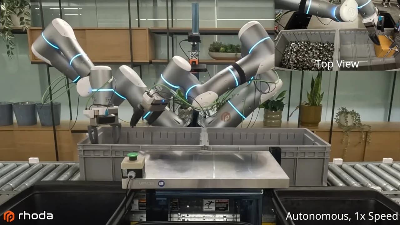 Rhoda’s two-arm robot at a bearing-unpacking workstation, with an inset showing bearings in a tote.