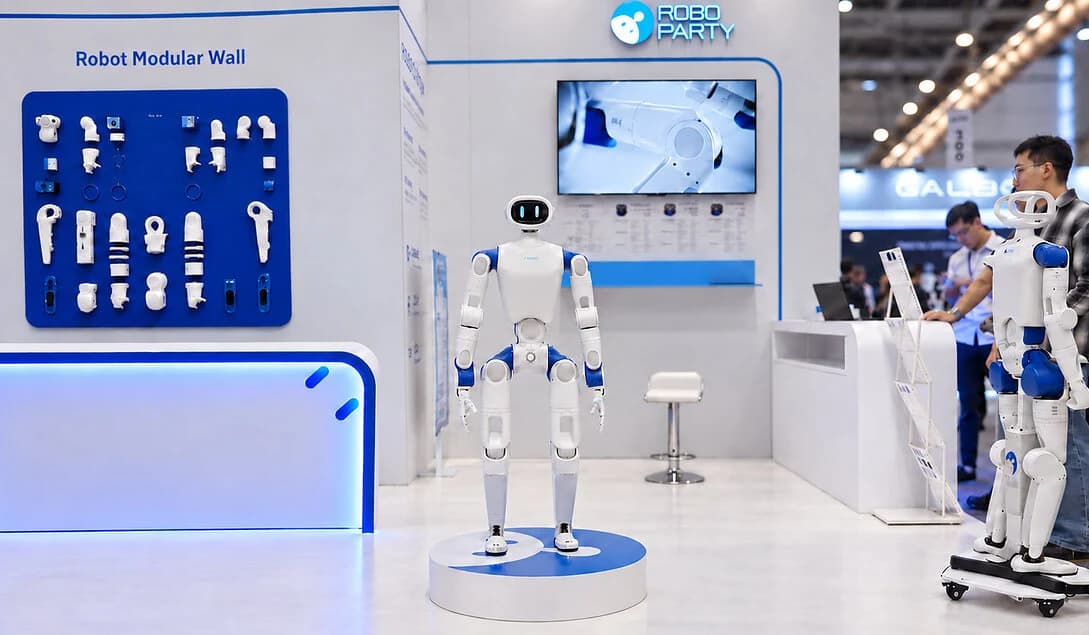 RoboParty RP1 humanoid on a display platform at the company’s IROS booth, beside a wall of modular robot components.