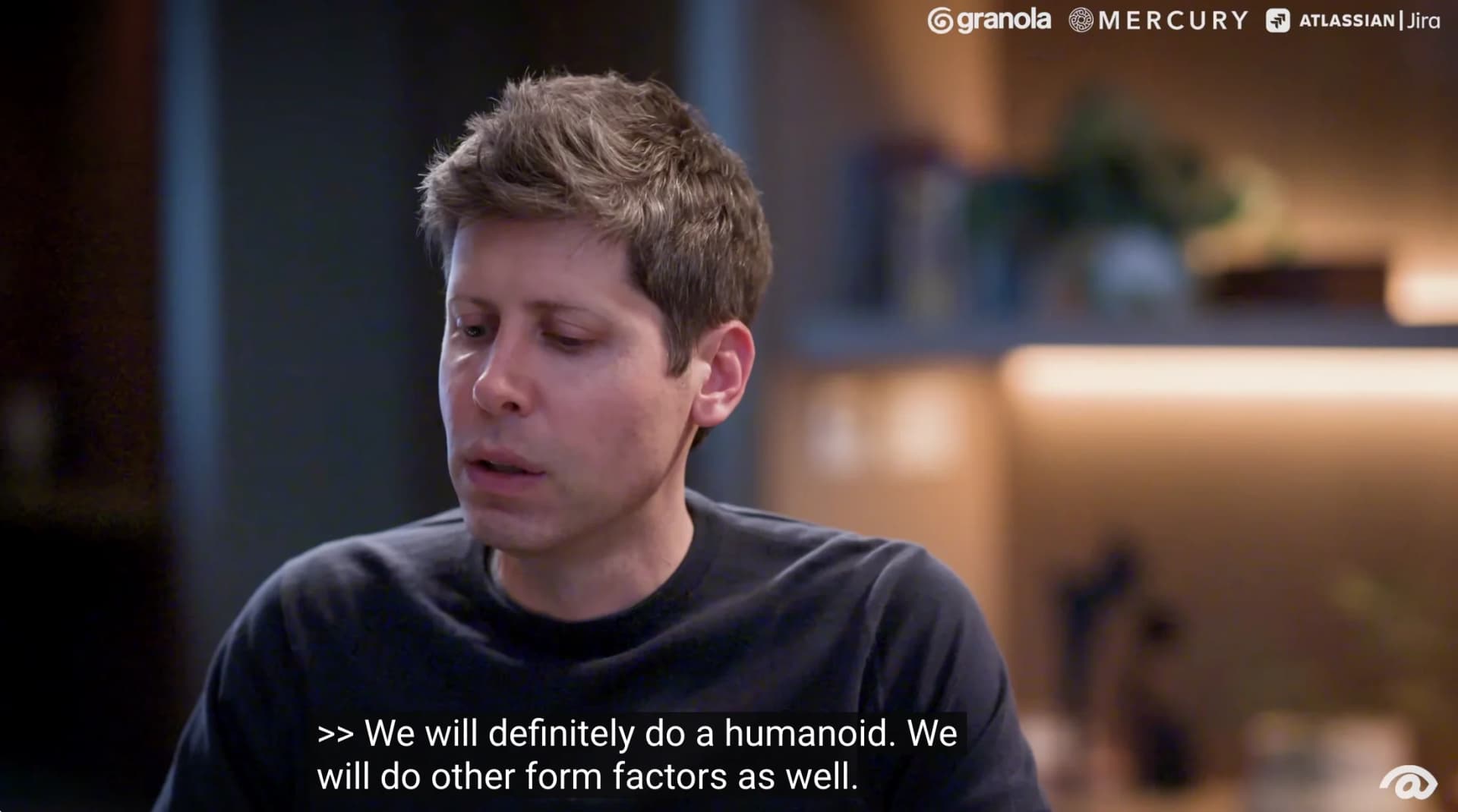 OpenAI CEO Sam Altman speaking during an interview on the Sources podcast, with closed captions reading: 'We will definitely do a humanoid. We will do other form factors as well.'