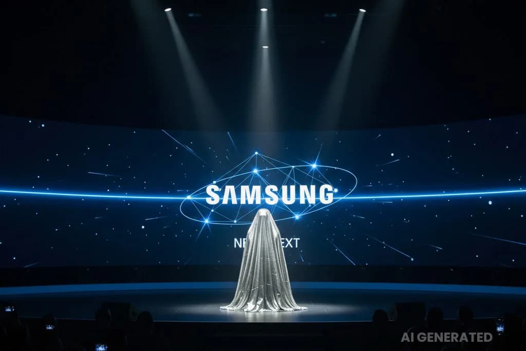 An AI generated image of a fake Samsung event with a humanoid robot about to be revealed