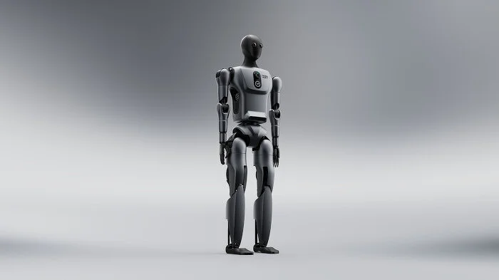 Full-body studio shot of Sber's Green humanoid robot standing against a neutral gray background