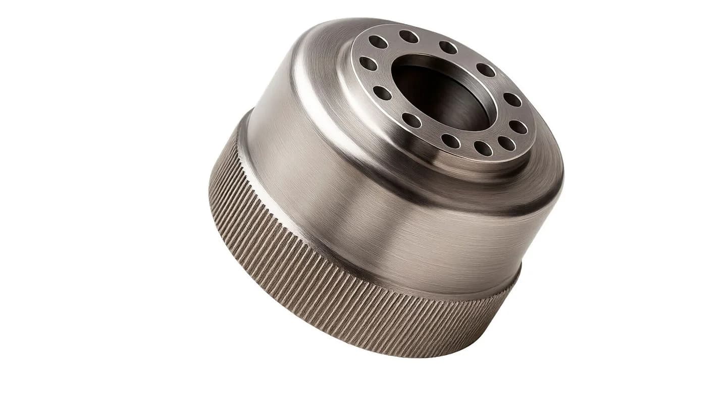 A close-up of a metallic, cylindrical strain wave gearbox component on a white background. The part features a smooth, cup-like upper body with a ring of small mounting holes around a central opening, and a wider base with fine, vertical ridges along its outer edge.