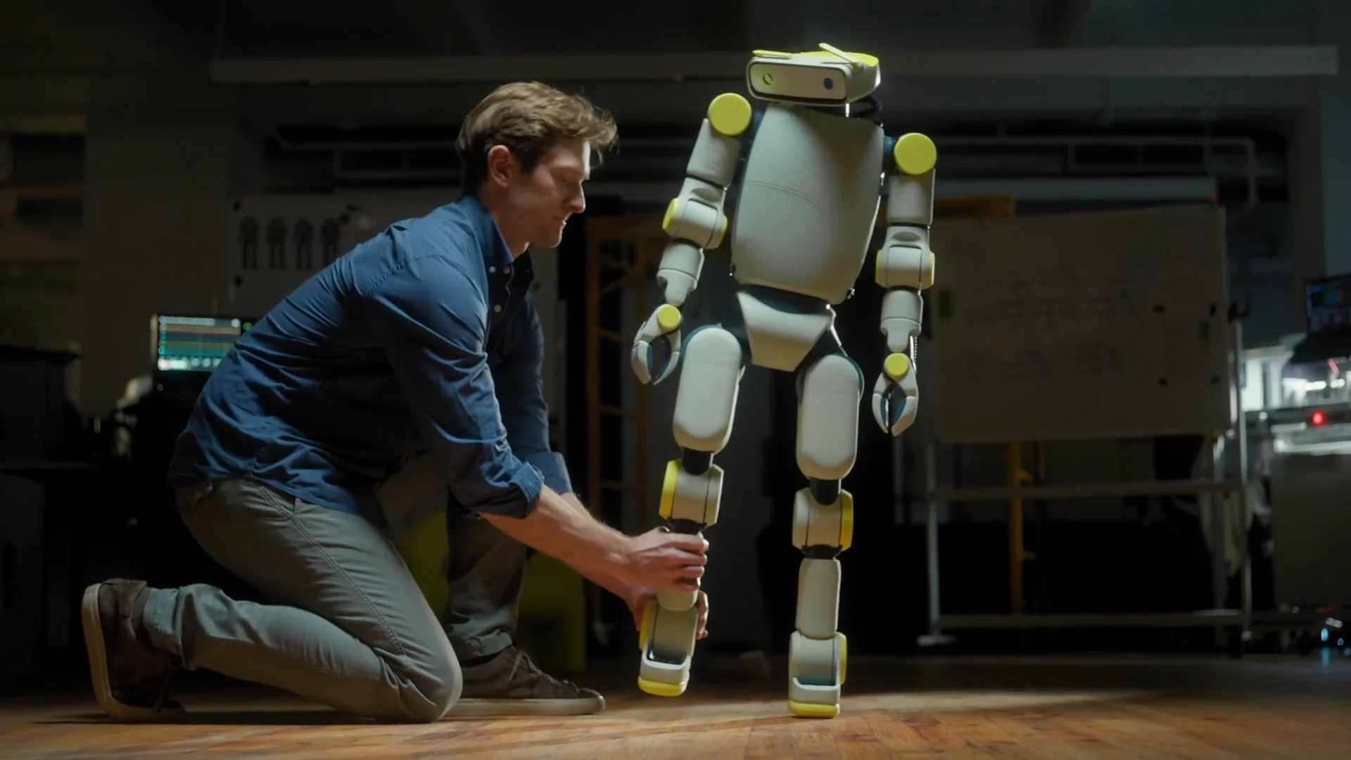 A man kneels on a wooden floor and lifts the foot of the upright Sprout robot, demonstrating its 22.7 kg (50 lbs) lightweight design.