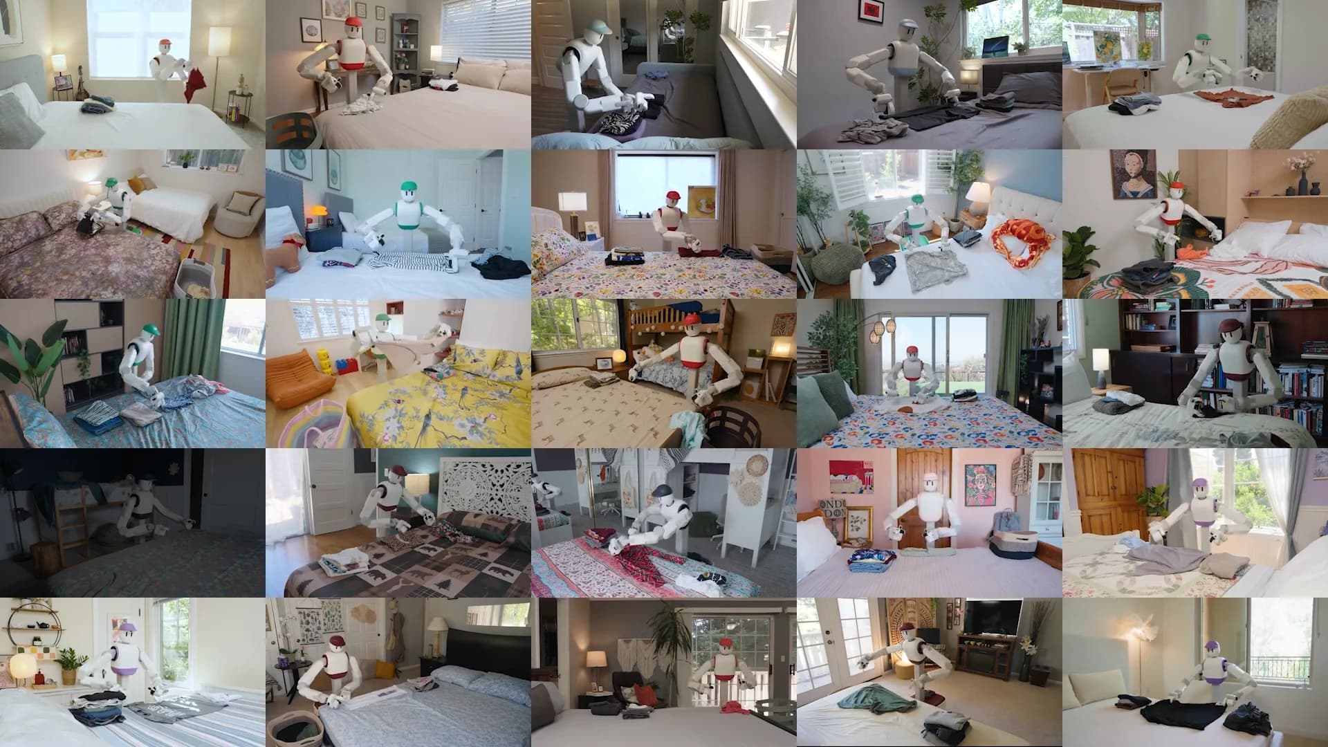 A grid of 25 video stills showing Sunday Memo robots folding laundry in diverse, unseen bedroom environments.