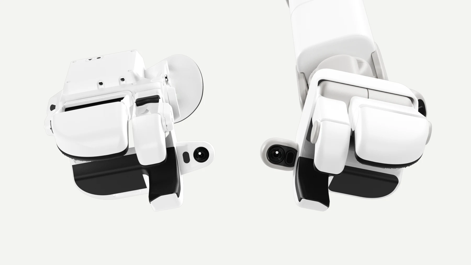Sunday’s Skill Capture Glove on the left and Memo’s robot hand on the right, showing matching finger geometry and camera placement.