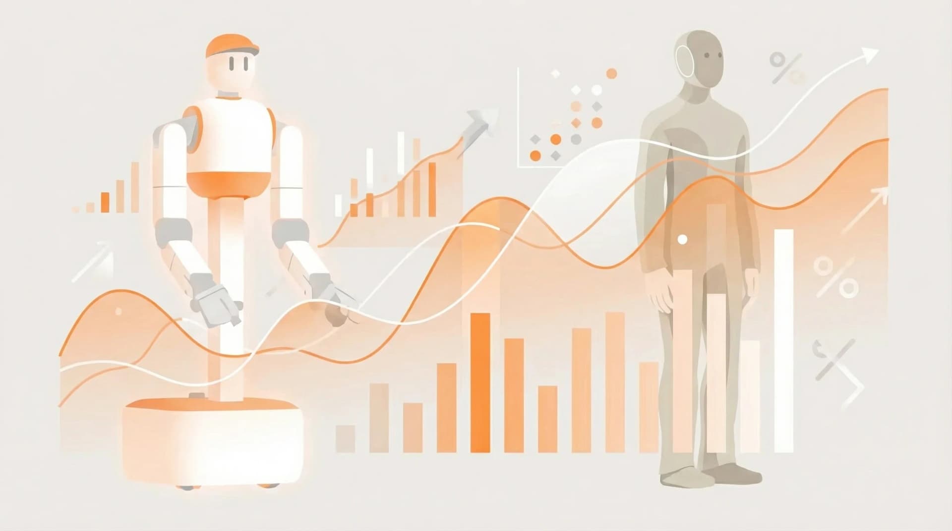 A stylized composite illustration showing a white wheeled robot on the left and a gray humanoid figure on the right. They are overlaid with abstract orange data visualizations including trend lines, bar charts, and percentage symbols.