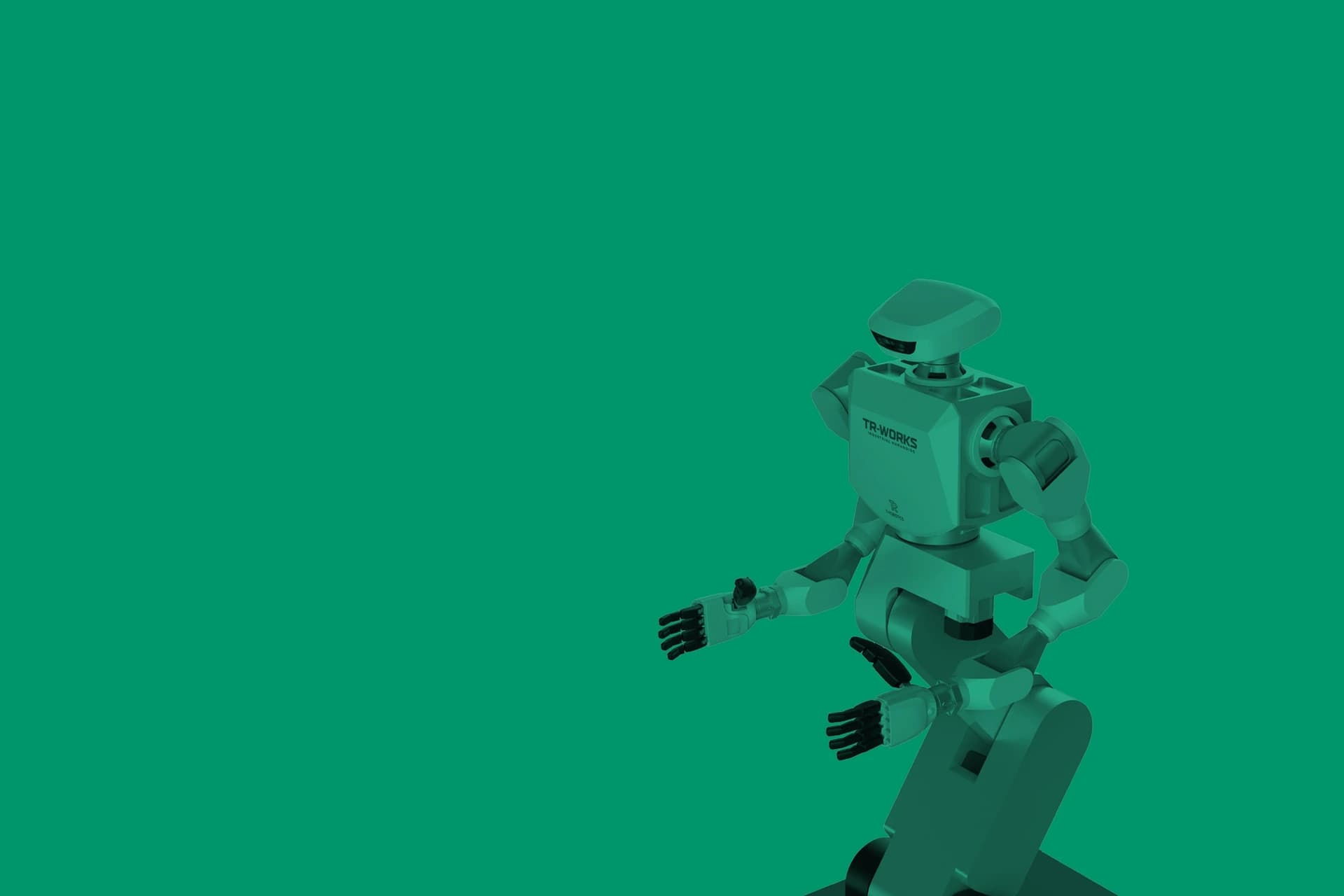 TR-WORKS humanoid robot with articulated arms and hands against a green background.