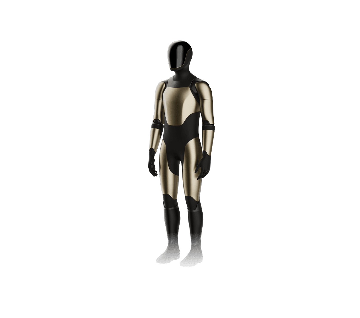 Gold-toned and black humanoid render labeled gen3 in the Tesla app files, with covered hips and lower legs and arms at its sides.