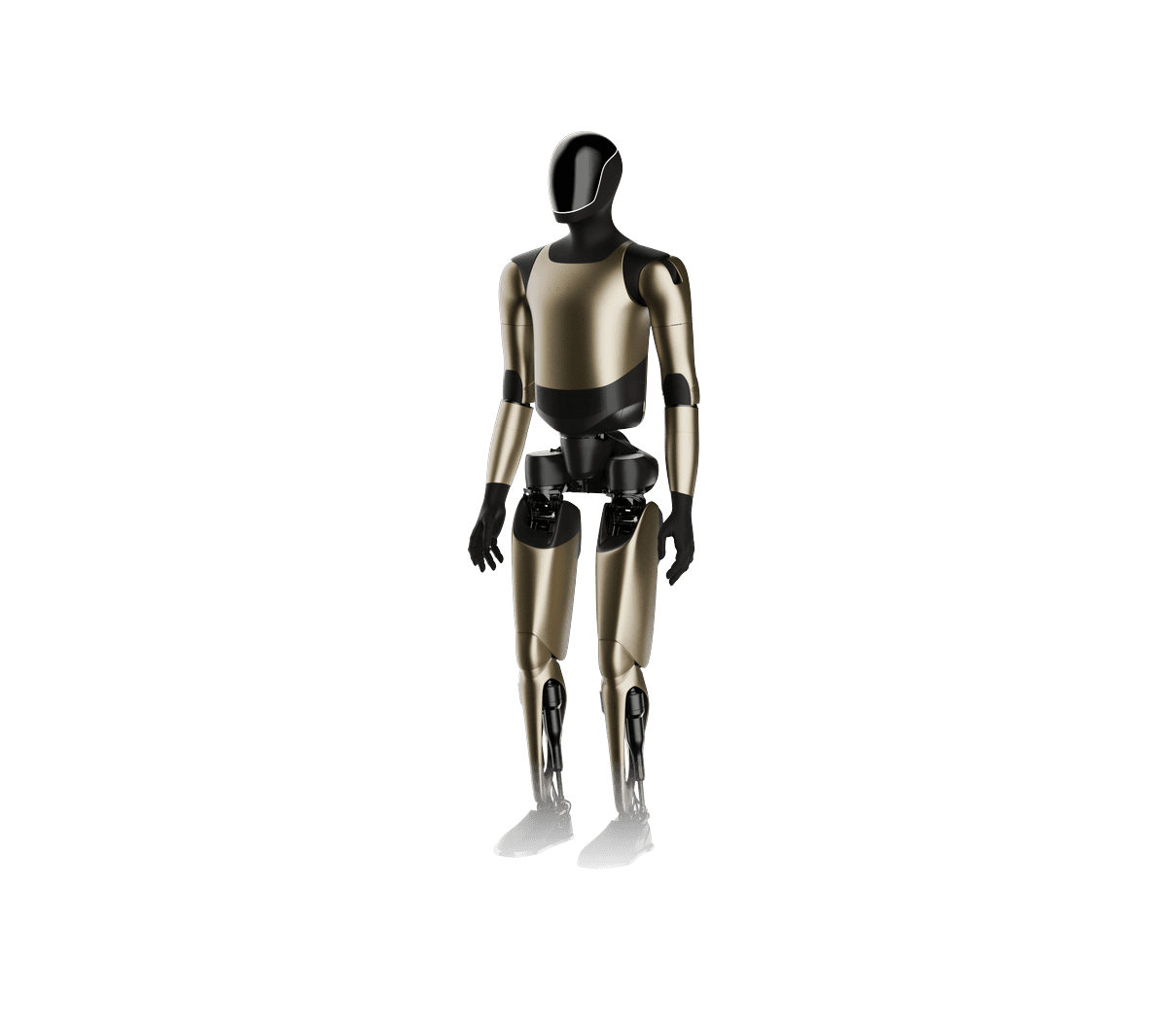 The gold robot variant from the Tesla app, with exposed mechanisms at the hips and lower legs.