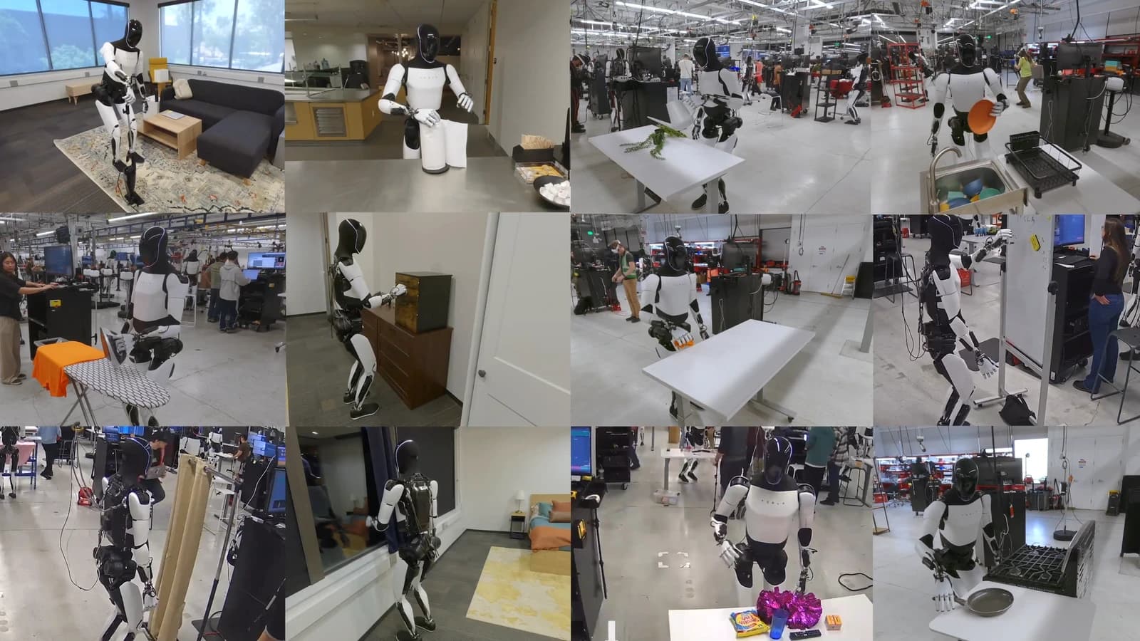 A montage of Tesla Optimus robots performing tasks in household and workshop settings.