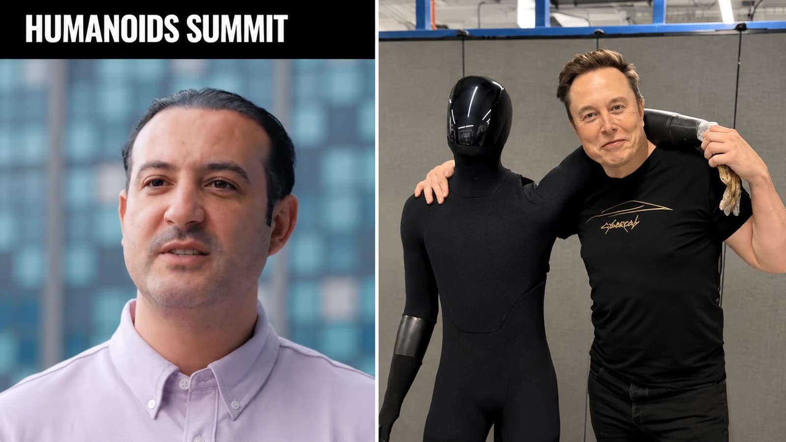 Modar Alaoui beside a separate image of Elon Musk with an Optimus robot.