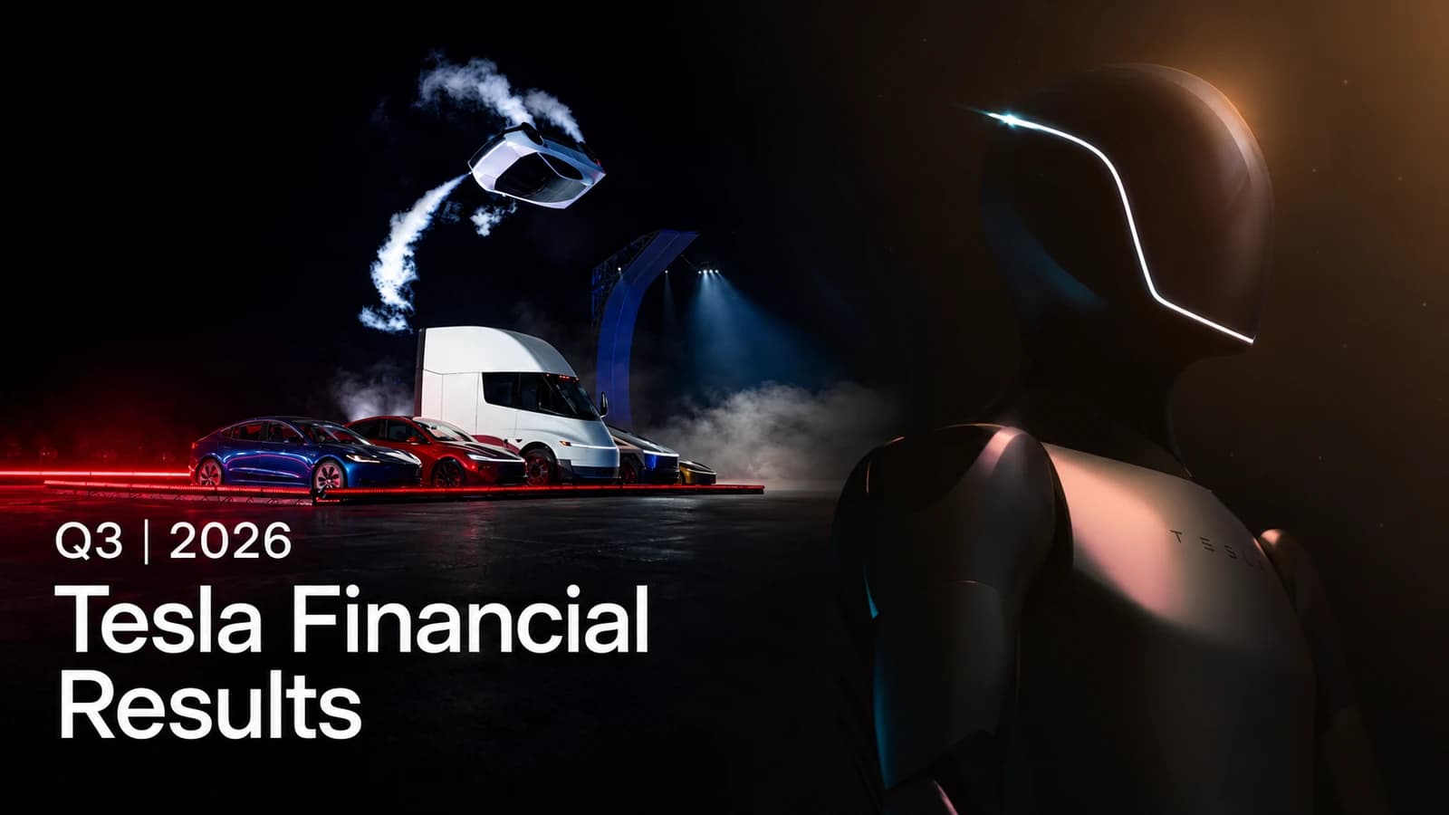 Tesla Q3 2026 financial results graphic alongside a portrait of Optimus.