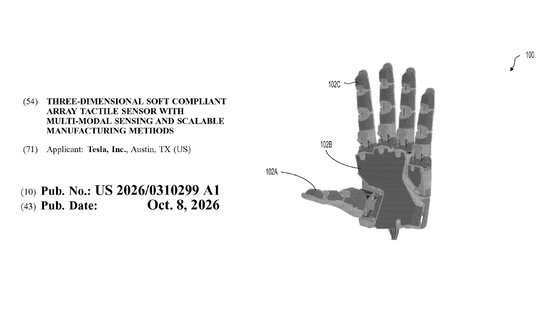 Excerpts from Tesla’s tactile-sensor patent application showing its title, publication number and a robotic hand with labeled sensing regions.