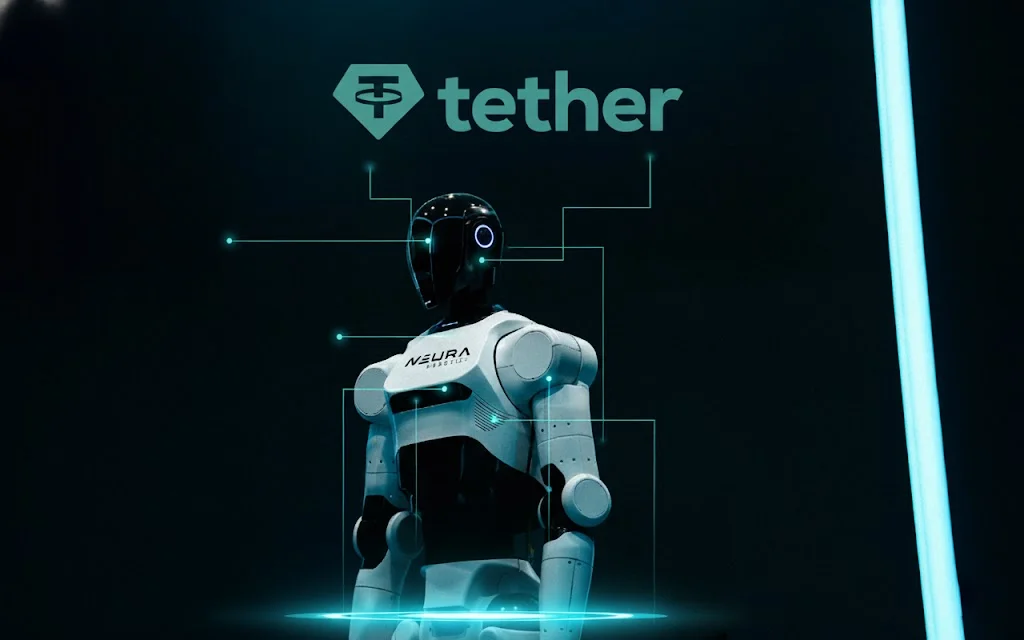 A Neura 4NE-1 humanoid robot with the logotype of crypto company Tether above it symbolizing Tether's interest in investing in Neura Robotics