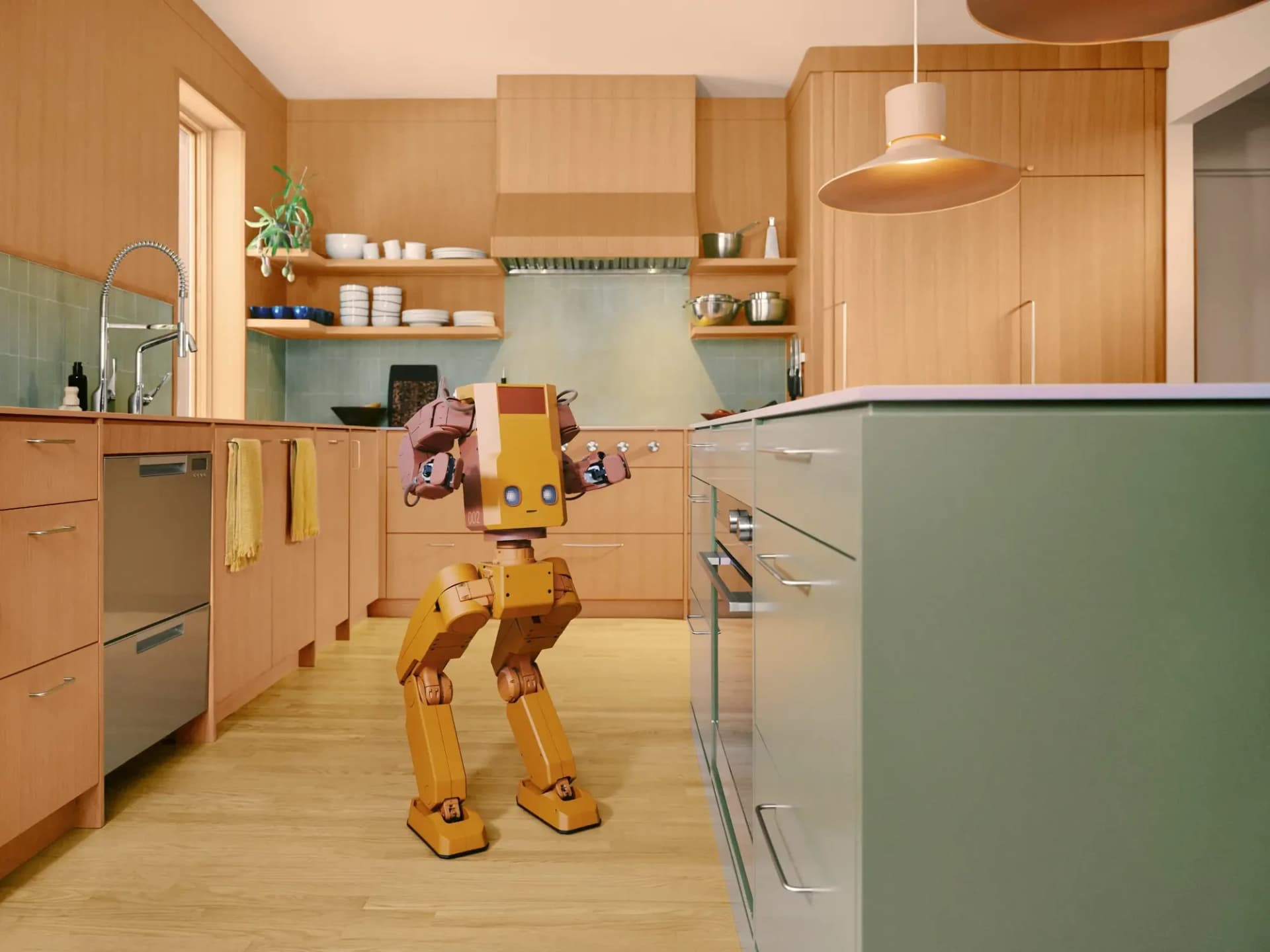 Voxel’s yellow and dusty-rose prototype standing in a wood-paneled kitchen.