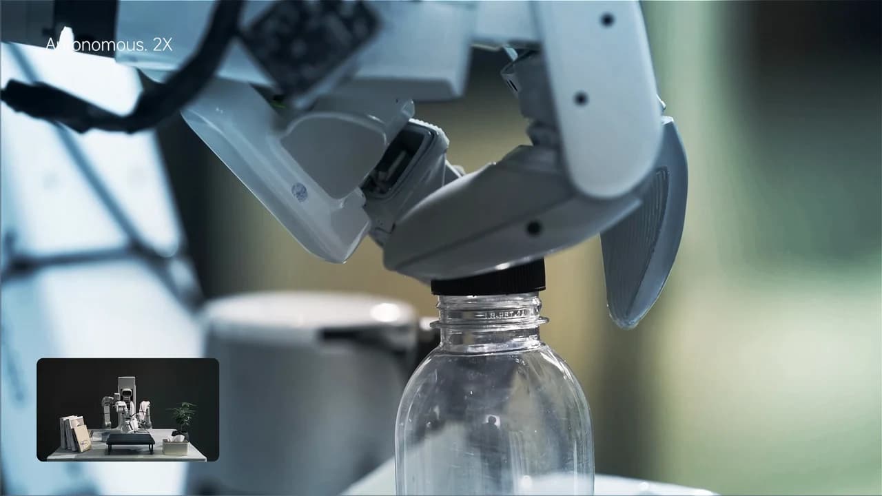 TwinDEX’s robotic hand grasps a bottle cap in the corresponding robot demonstration; an inset shows the dual-arm robot.