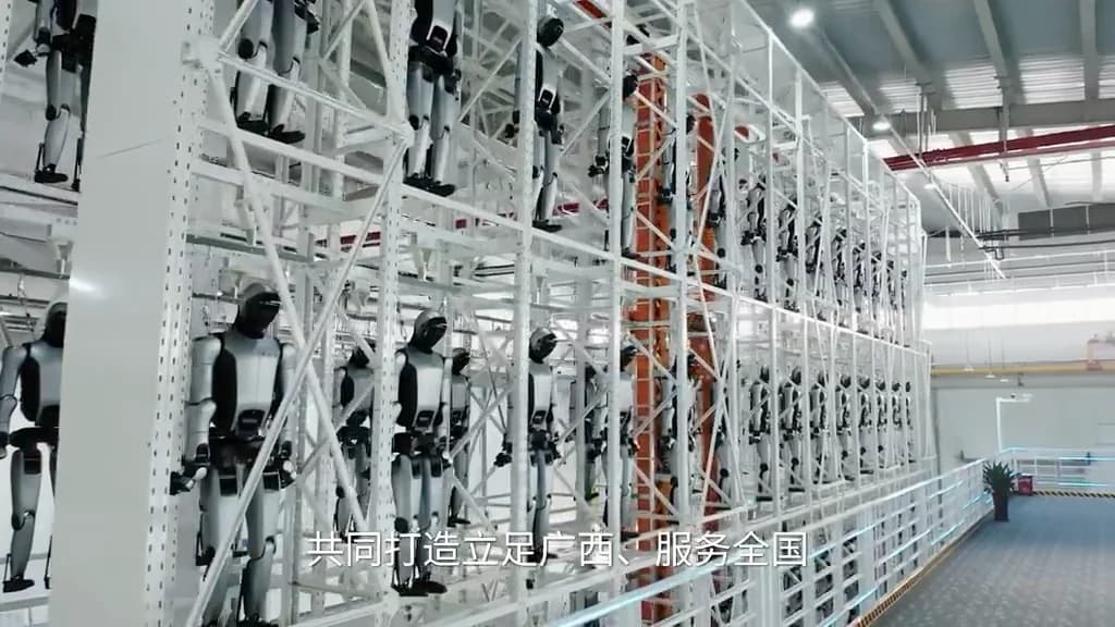 A multi-tier high-bay automated warehouse rack holding dozens of silver-and-black Walker S humanoid robots suspended in vertical storage bays alongside an automated stacker crane.