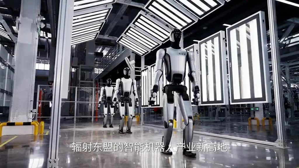 A trio of silver and black UBTECH Walker S humanoid robots walk in formation through an automotive-grade visual inspection tunnel outfitted with high-intensity linear light panels.