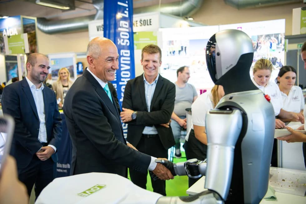 A Walker C1 humanoid robot from UBTECH Meets Slovenian Prime Minister Janez Janša At the 58th MOS Exhibition in Slovenia