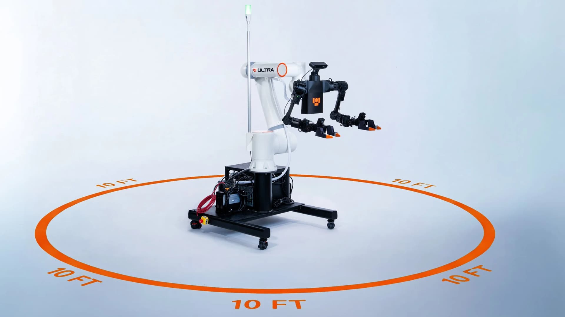 A studio shot of the stationary Ultra OP1 robot on a white background, surrounded by an orange circle graphic indicating its 10-foot operational reach radius.