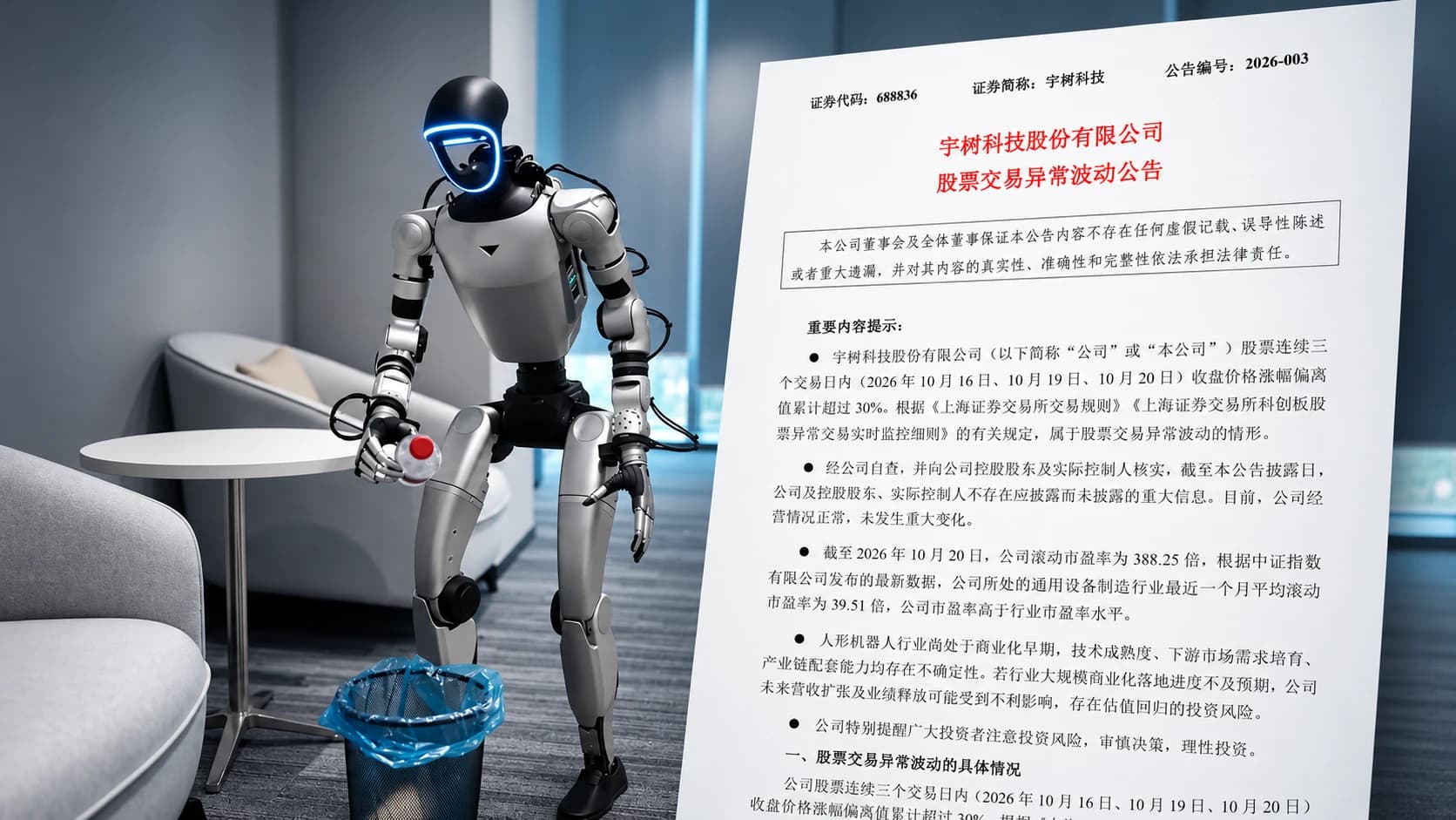 Editorial composite showing a Unitree humanoid beside an angled representation of its abnormal stock-trading announcement.