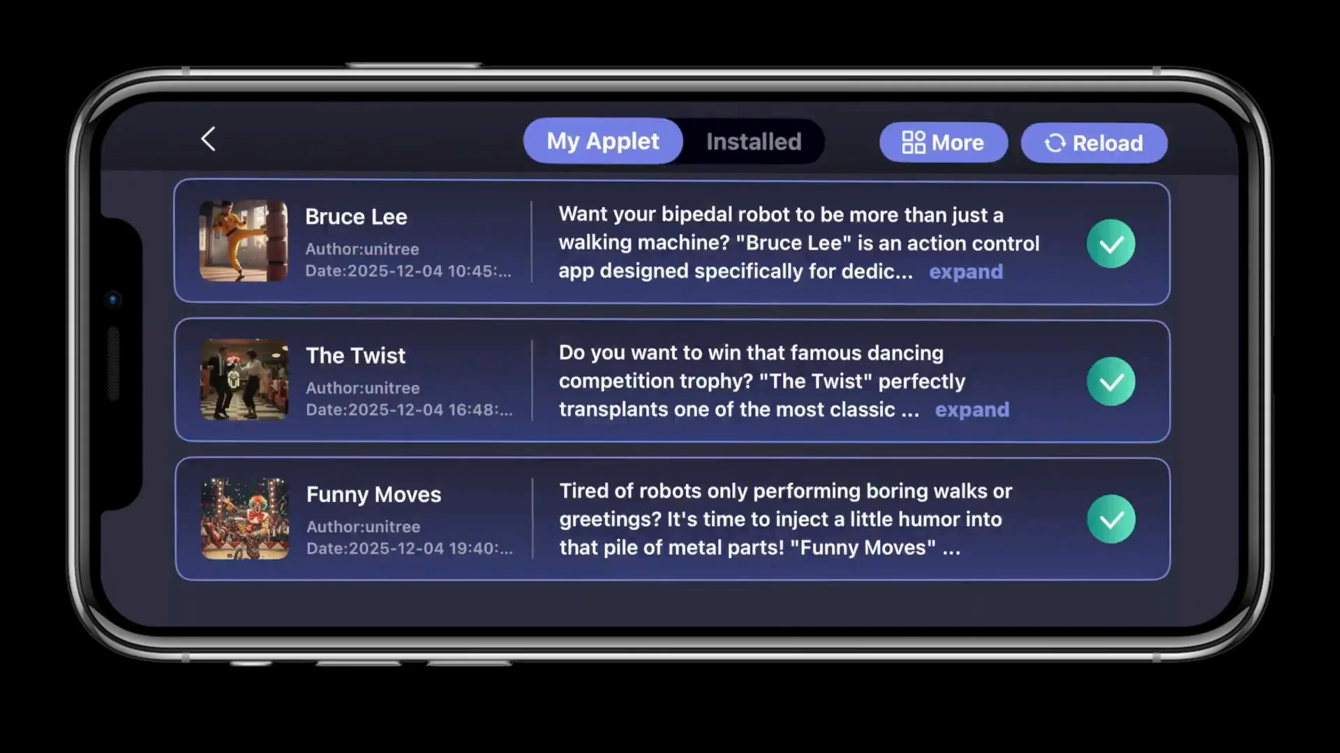 A screenshot of the Unitree mobile app interface showing a list of installed 'applets' including 'The Twist', 'Bruce Lee', and 'Funny Moves'.