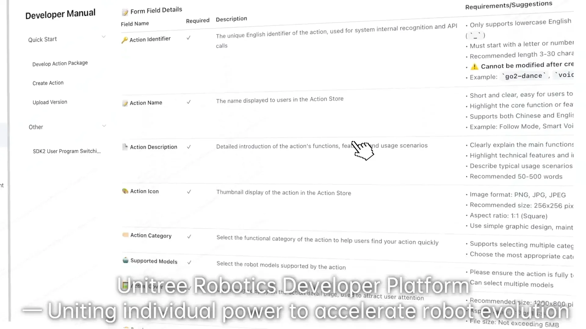 A screenshot of the Unitree Developer Manual showing form field details for submitting new actions.
