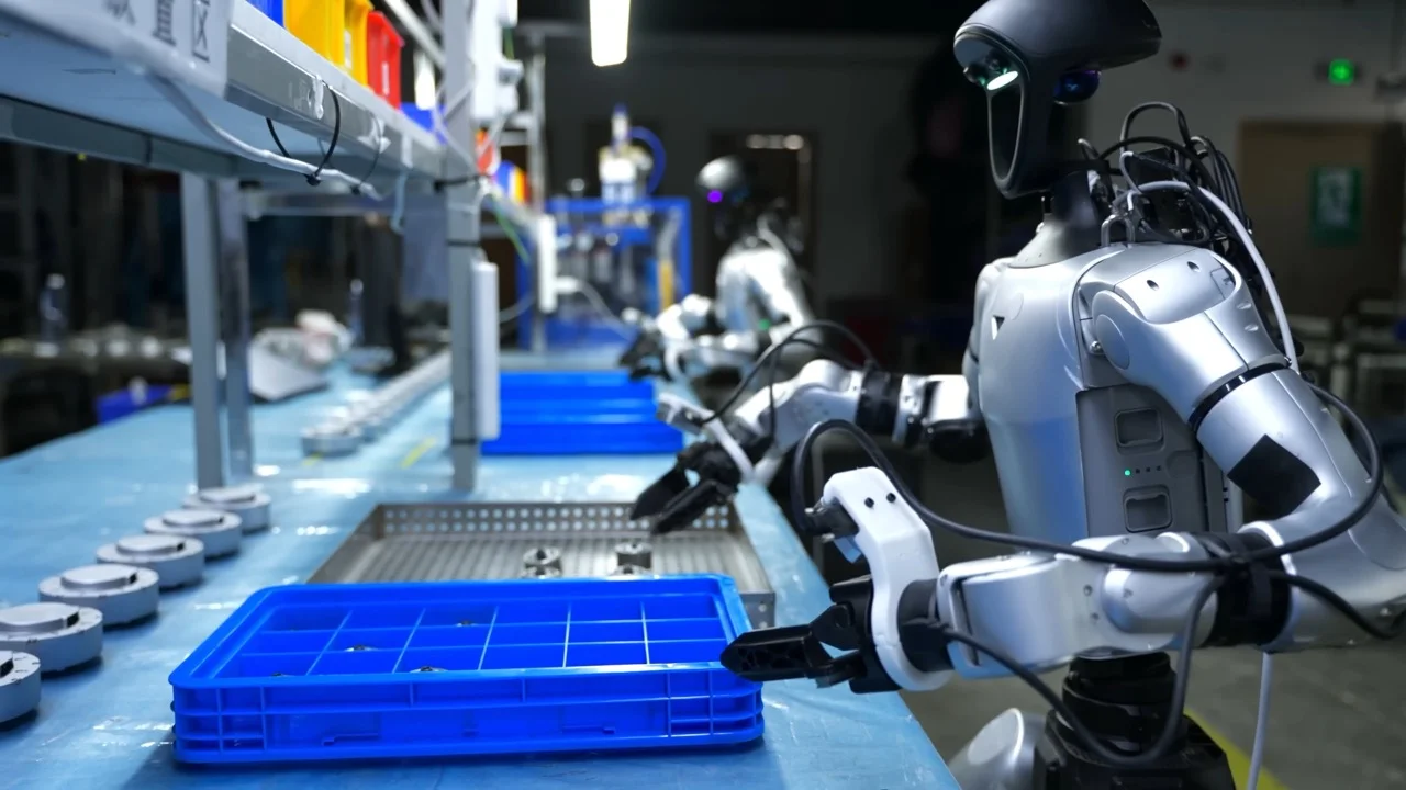 A silver and black Unitree G1 humanoid robot working at an industrial assembly line. The robot is using its two-fingered grippers to sort and place small circular metallic components into a blue partitioned tray on a blue workbench. A second G1 robot is visible working further down the line in the background.