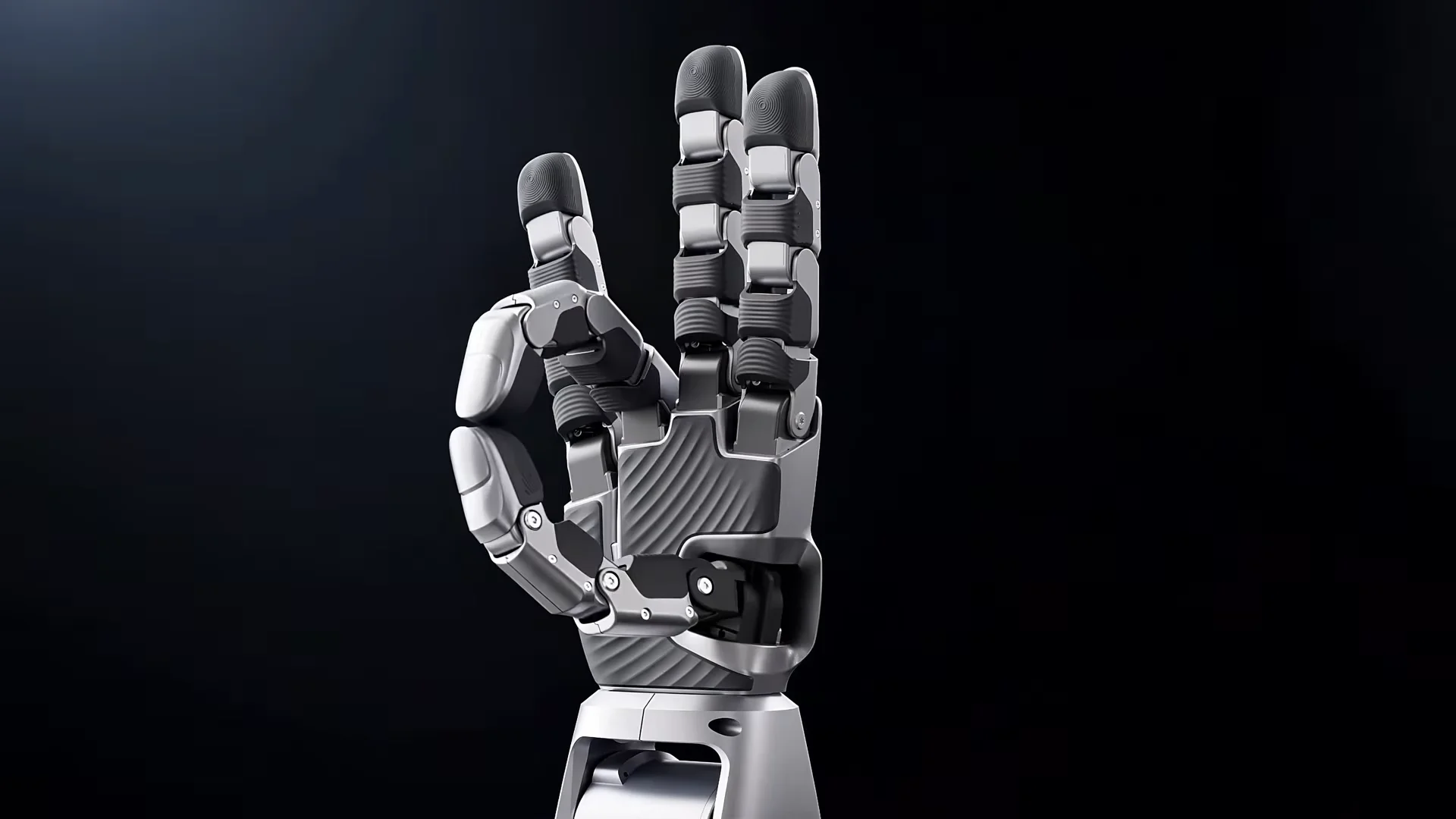 The Unitree Dex5-S robotic hand on a dark background making a dexterous gesture