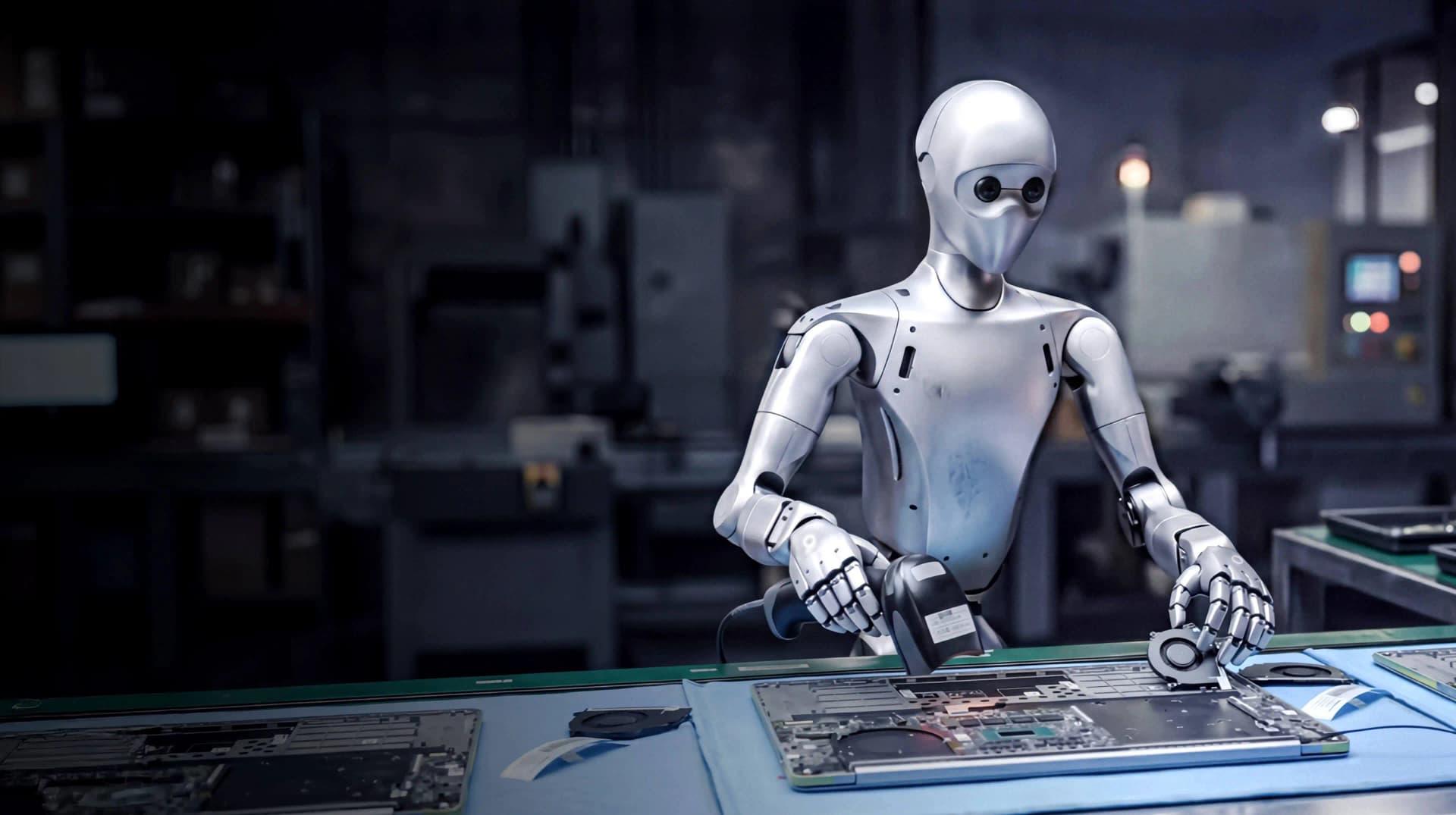 Unitree humanoid robot handling components above an open laptop on an industrial workbench.