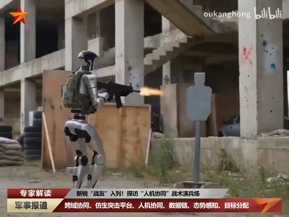 A screenshot from an AI-generated video showing a silver humanoid robot in a tactical vest firing an assault rifle at a blue target. Muzzle flash and smoke are visible against a backdrop of an unfinished concrete building.