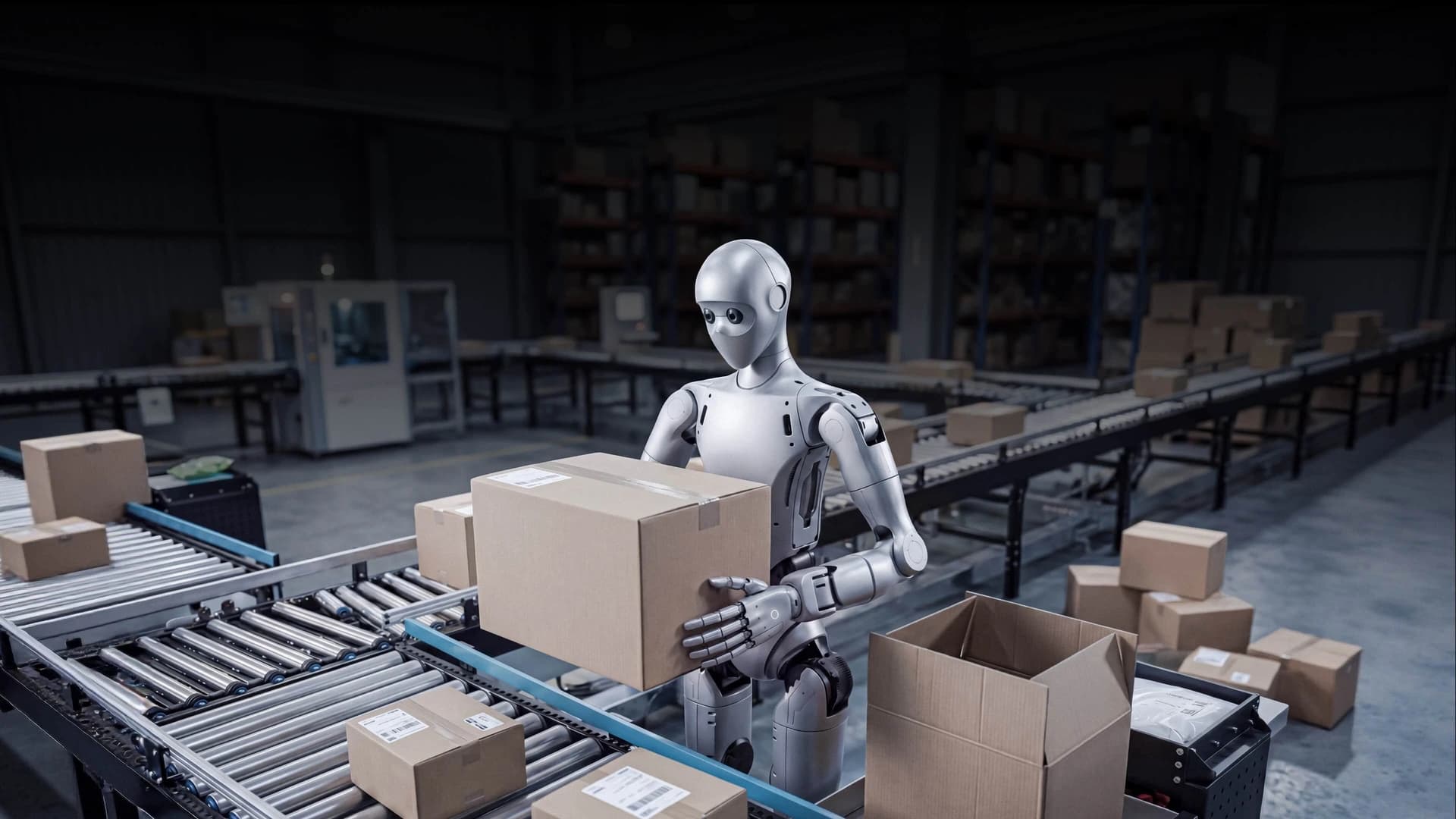 Unitree H2 Plus humanoid holding a cardboard box beside warehouse conveyor belts.