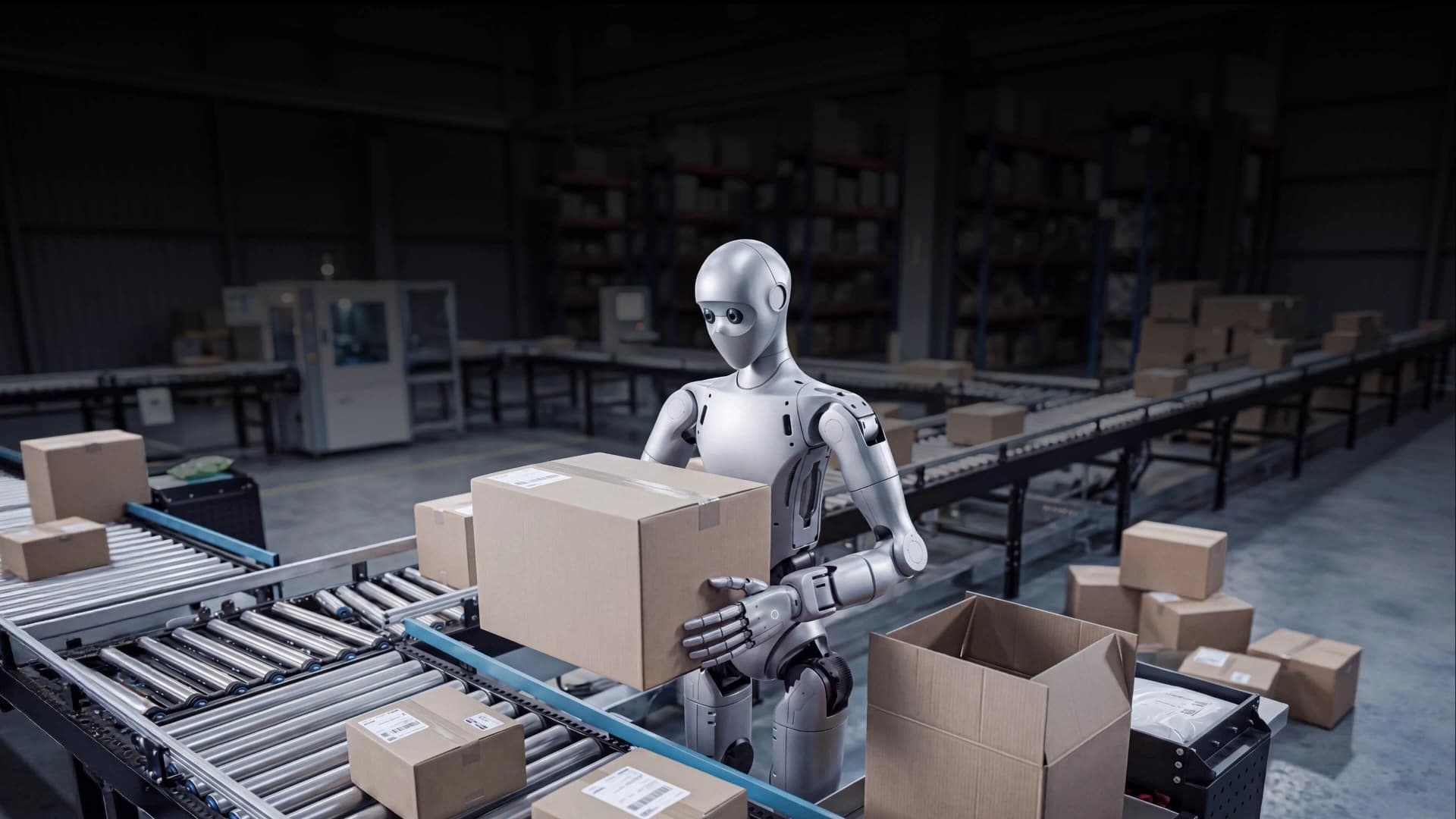 A silver humanoid robot, the Unitree H2 Plus, stands next to an industrial conveyor belt system in a dimly lit warehouse or factory. The robot is holding a large cardboard box with both hands, positioned over a blue sorting line with multiple packages scattered across the facility.