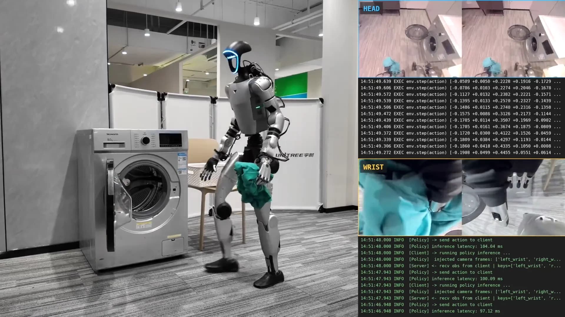 A Unitree G1 humanoid robot walking toward an open front-loading washing machine while holding green laundry in its left hand, alongside picture-in-picture head and wrist camera feeds and real-time policy execution terminal logs showing sub-105 millisecond inference latency.