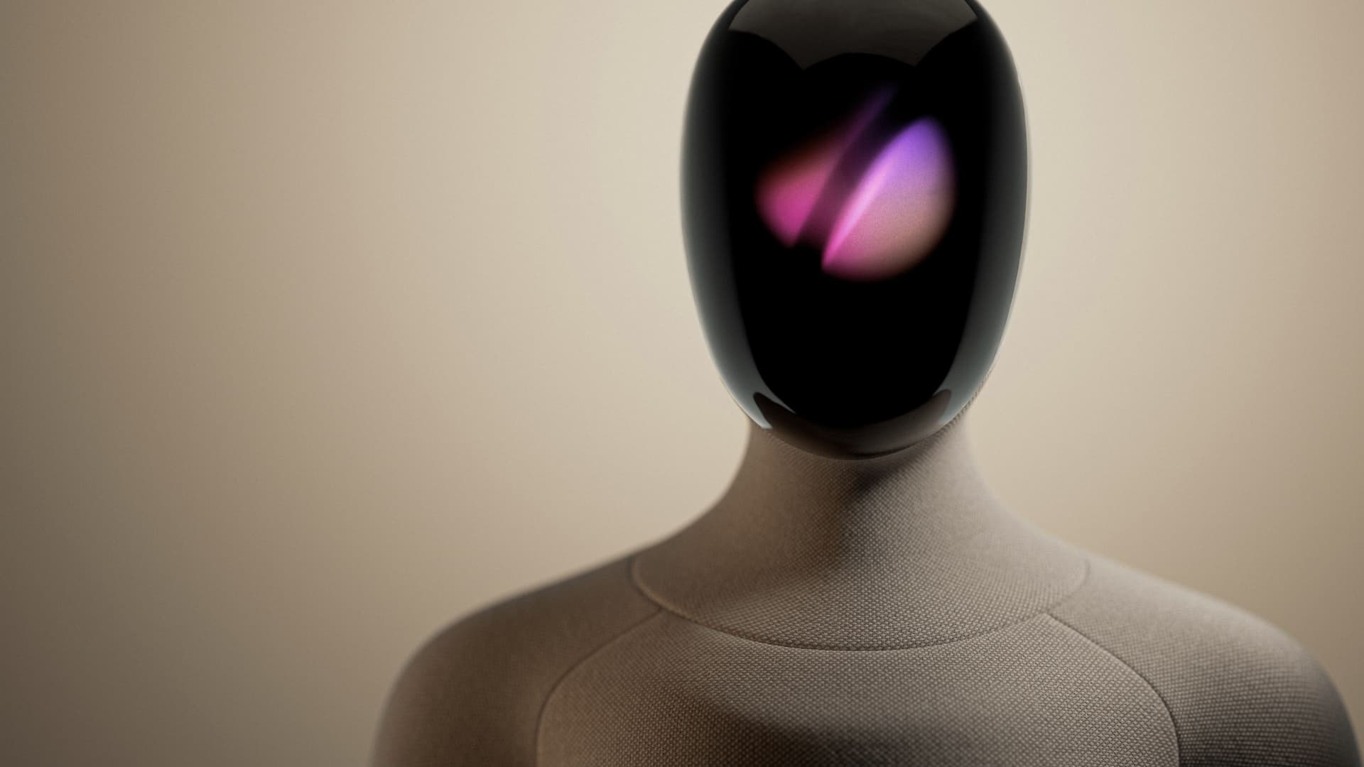 Design visualization of Vesoma 1 showing a dark face with purple illumination and a fabric-textured neck and upper body.