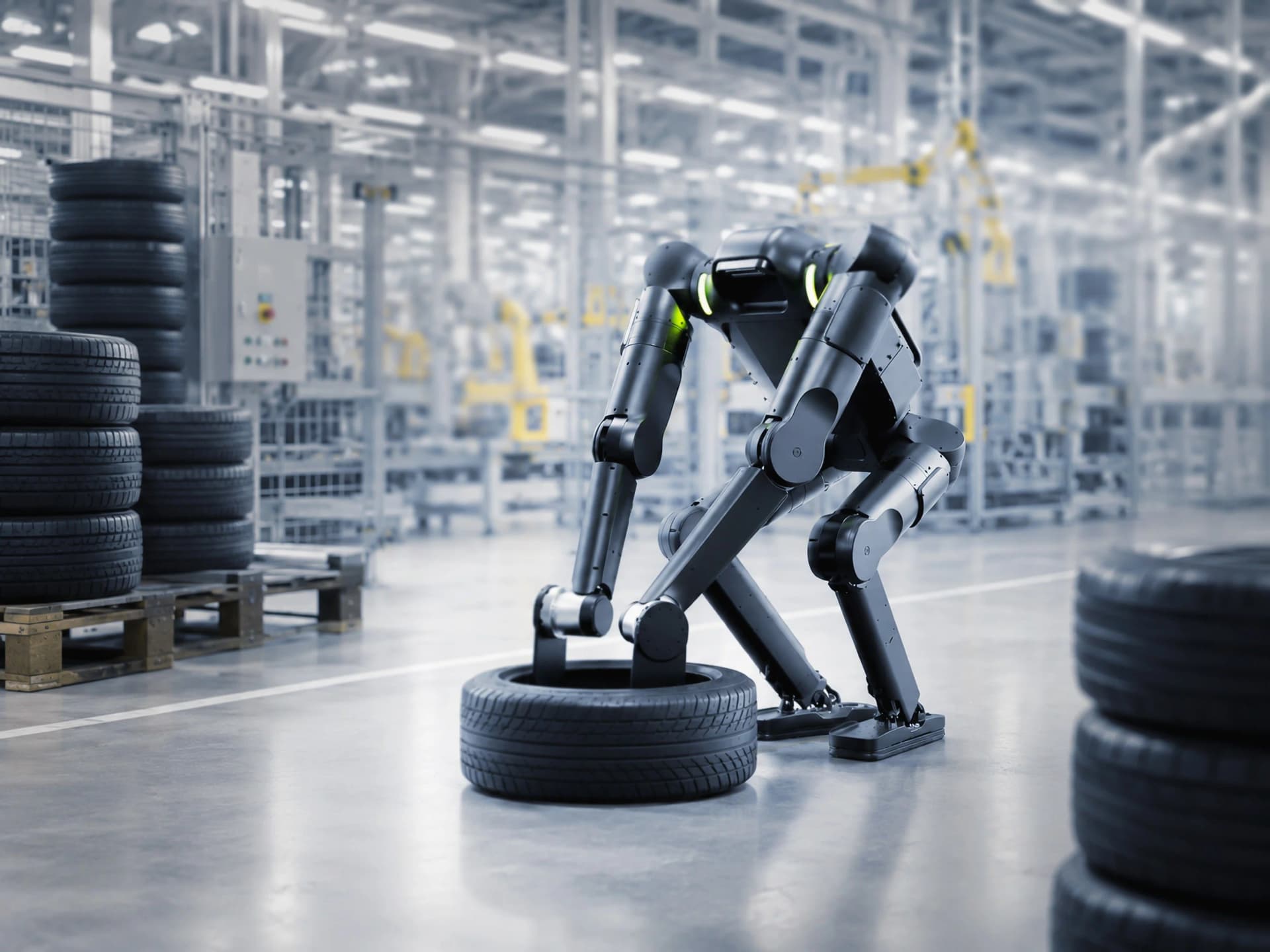 A matte black Wandercraft Calvin bipedal humanoid robot squats down on a bright automotive factory floor to grip a car tire lying flat on the ground. Stacks of tires rest on wooden pallets nearby against a backdrop of assembly lines and industrial machinery.