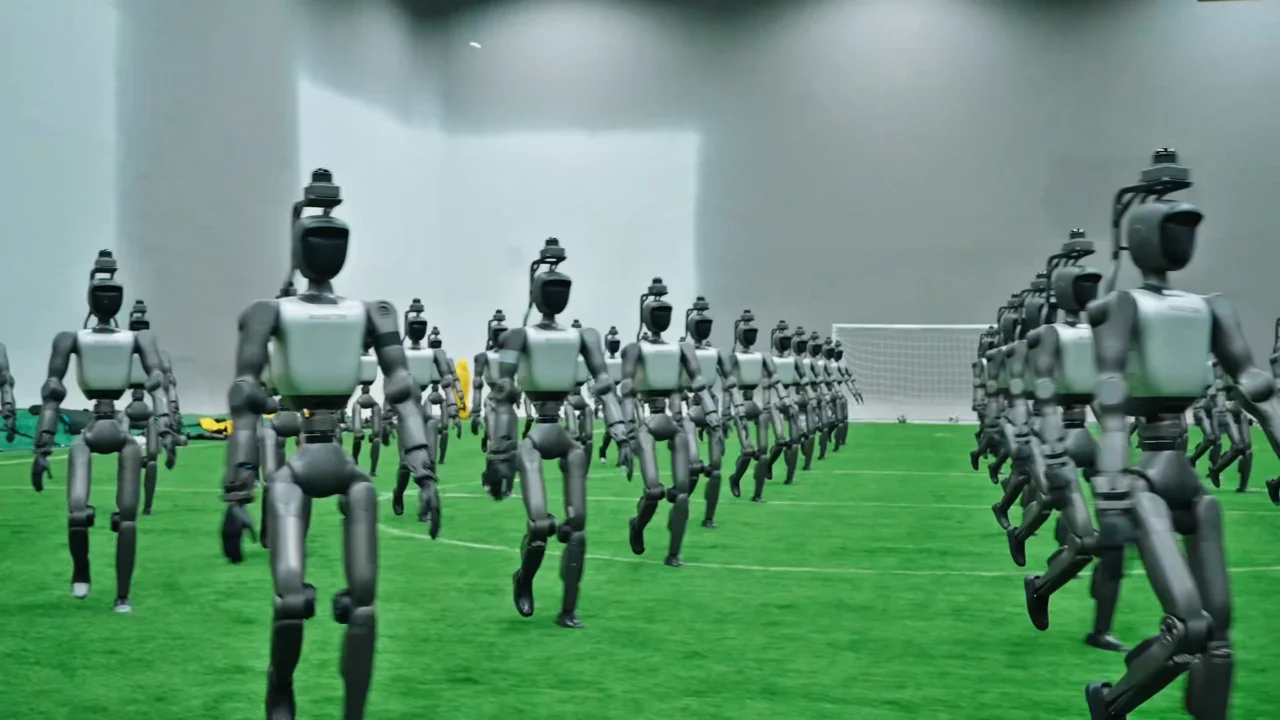 Dozens of grey and silver Booster Robotics T2 humanoid robots walking in unison toward the camera on an indoor green artificial turf field. The bipedal robots feature black faceplates and top-mounted sensor structures. A white soccer goal and field markings are visible in the background against a light grey wall.