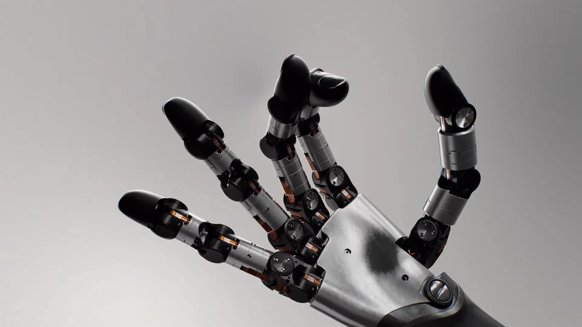 A brightly lit CGI render of the open Wuji Hand 2 showcasing its intricate silver alloy palm structure, mechanical finger joints with orange internal components, and black rounded fingertips against a light grey background.