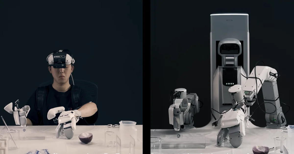 A split-screen comparison showing a human operator wearing a headset and TwinDEX three-finger exoskeletons on the left, and a dual-arm robot equipped with identical three-finger robotic end effectors manipulating lab equipment on the right.