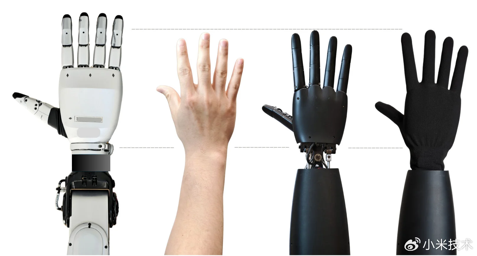 A size comparison lineup of four hands: an older, larger white robotic hand on the far left, a human hand, the new bare black robotic hand, and the new black robotic hand wearing a black fabric glove. Dotted horizontal lines show the new robotic hands match the human hand's exact proportions.