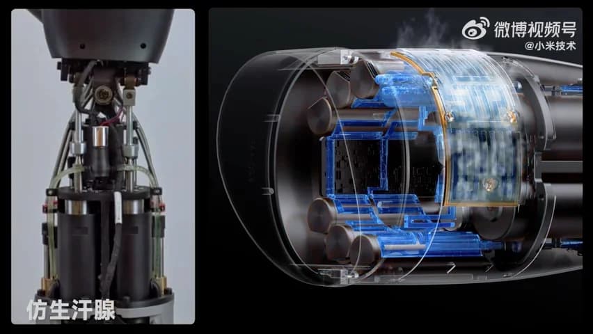 A side-by-side graphic showing the physical mechanical structure of a robotic forearm with visible tubing on the left, and a 3D internal render on the right highlighting blue liquid cooling channels wrapped around a motor cluster with steam rising from the top.