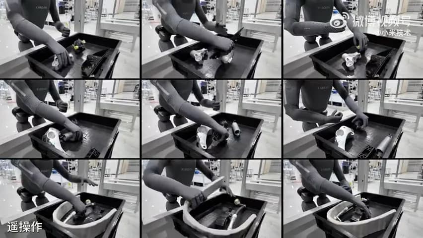 A 3x3 grid of video stills showing a humanoid robot with grey fabric-covered arms performing complex sorting and assembly tasks with metallic automotive parts inside black bins on a bright factory floor.