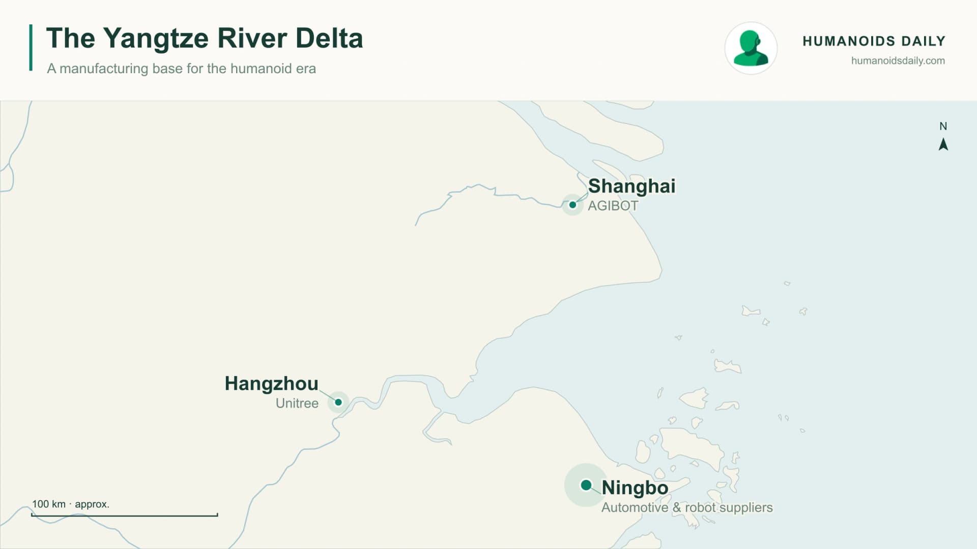 Map of the Yangtze River Delta highlighting Ningbo’s automotive and robot suppliers, Unitree in Hangzhou, and AGIBOT in Shanghai.