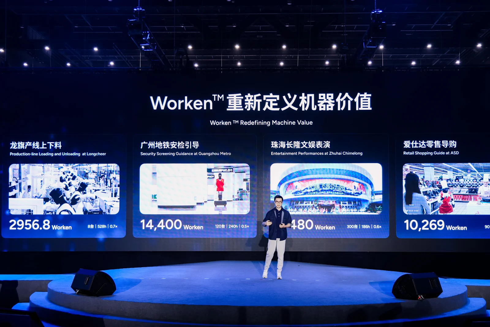 Peng Zhihui presenting Worken on stage at AGIBOT Innovation Day