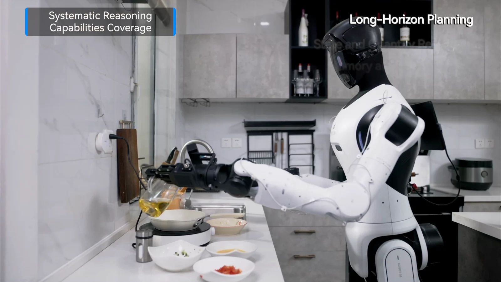 AGIBOT robot pouring oil into a pan during a kitchen demonstration